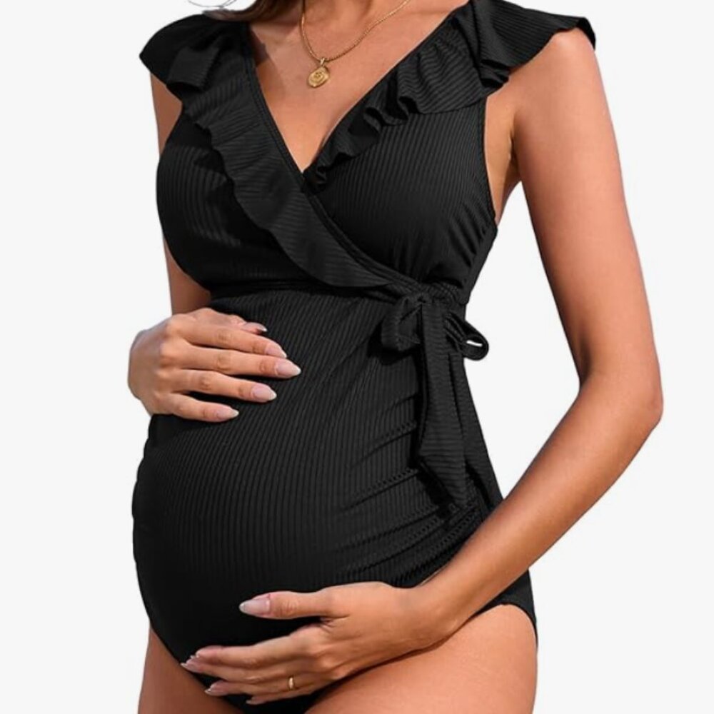 NWT maternity swim wear one piece swim suit maternity black large ribbed